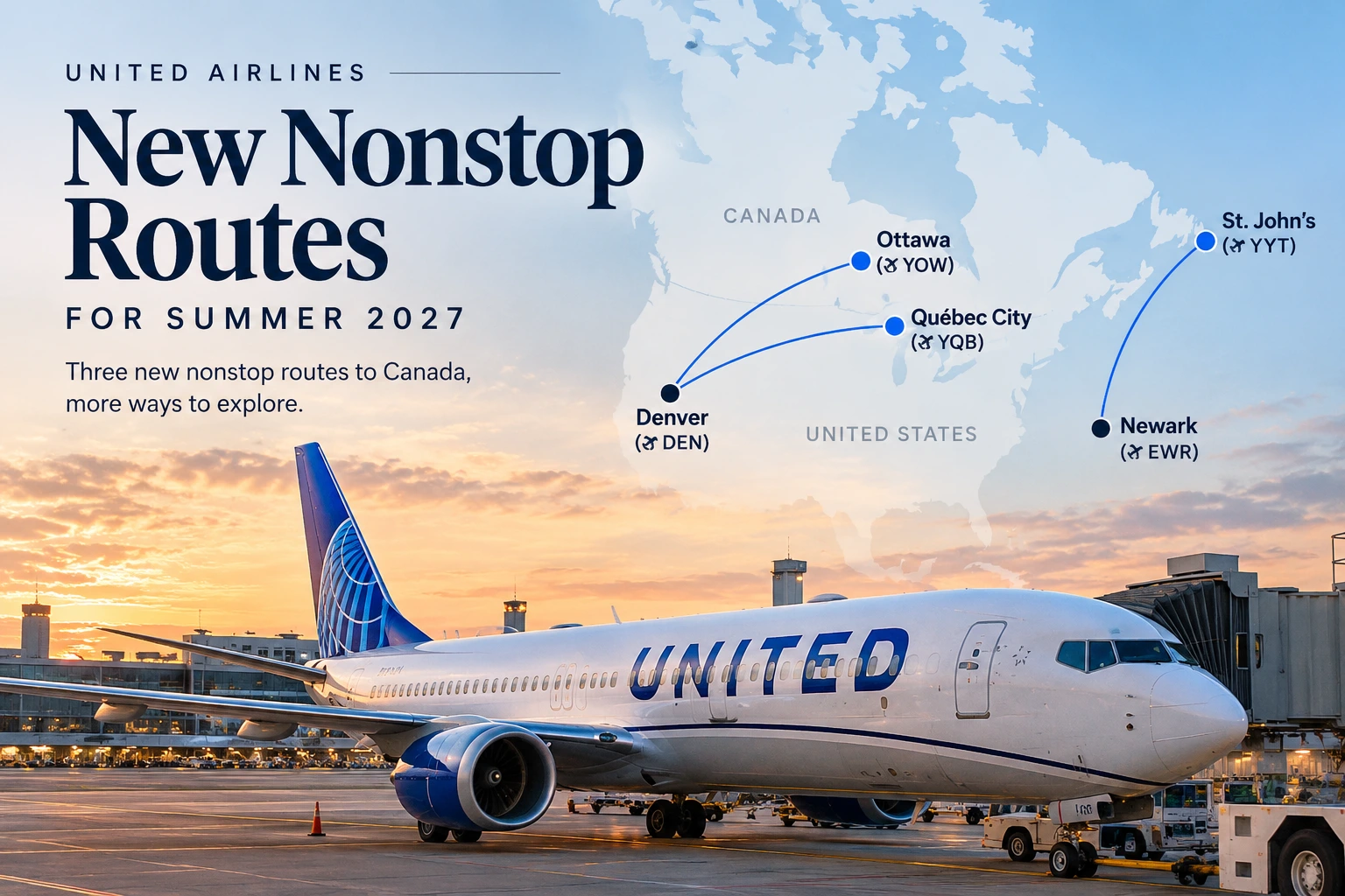 Route map and United Airlines aircraft showing three announced summer 2027 Canada nonstop connections from Denver to Ottawa and Québec City, and Newark to St. John's.